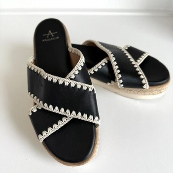 AQUATALIA Leather Espadrille Sandals Black Crisscross Platform Size 8 Boho Beach - Picture 10 of 12